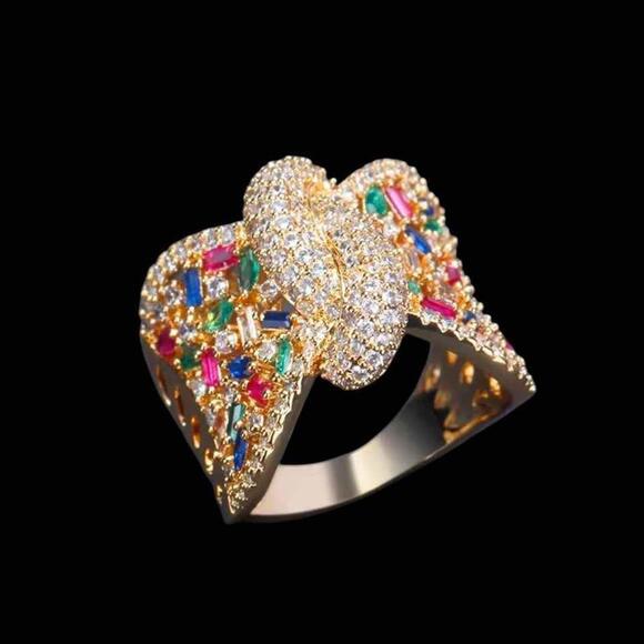 New Gorgeous Gold Tone with Multicolor Stones Bow Ring Size 7 - Picture 1 of 2